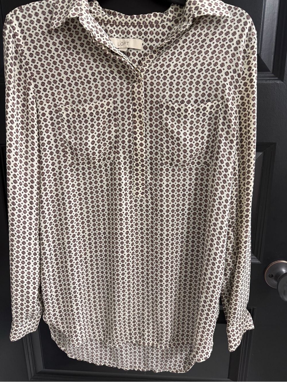 LOFT Cream Brown Floral Print Long Sleeve Popover Blouse Size Small